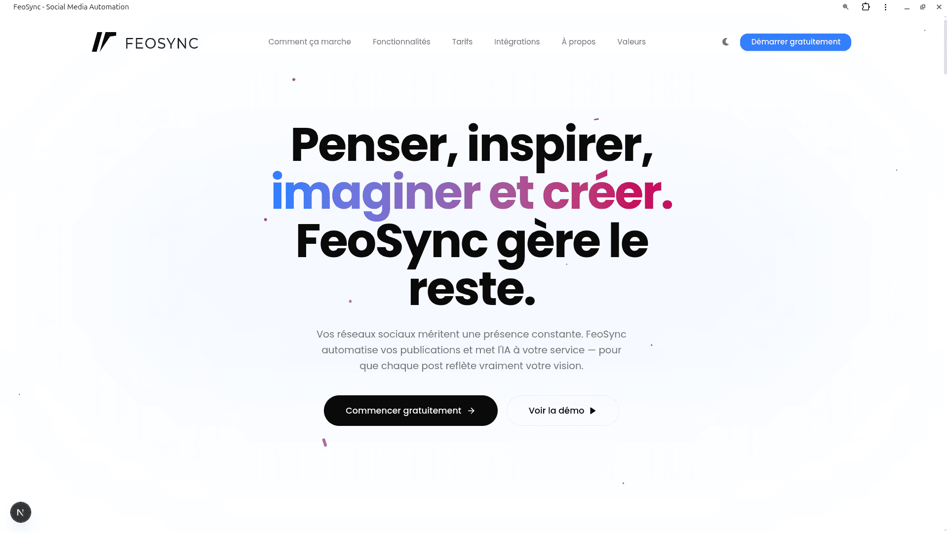 Interface du SaaS FeoSync montrant le tableau de bord de planification de posts avec génération de contenu IA