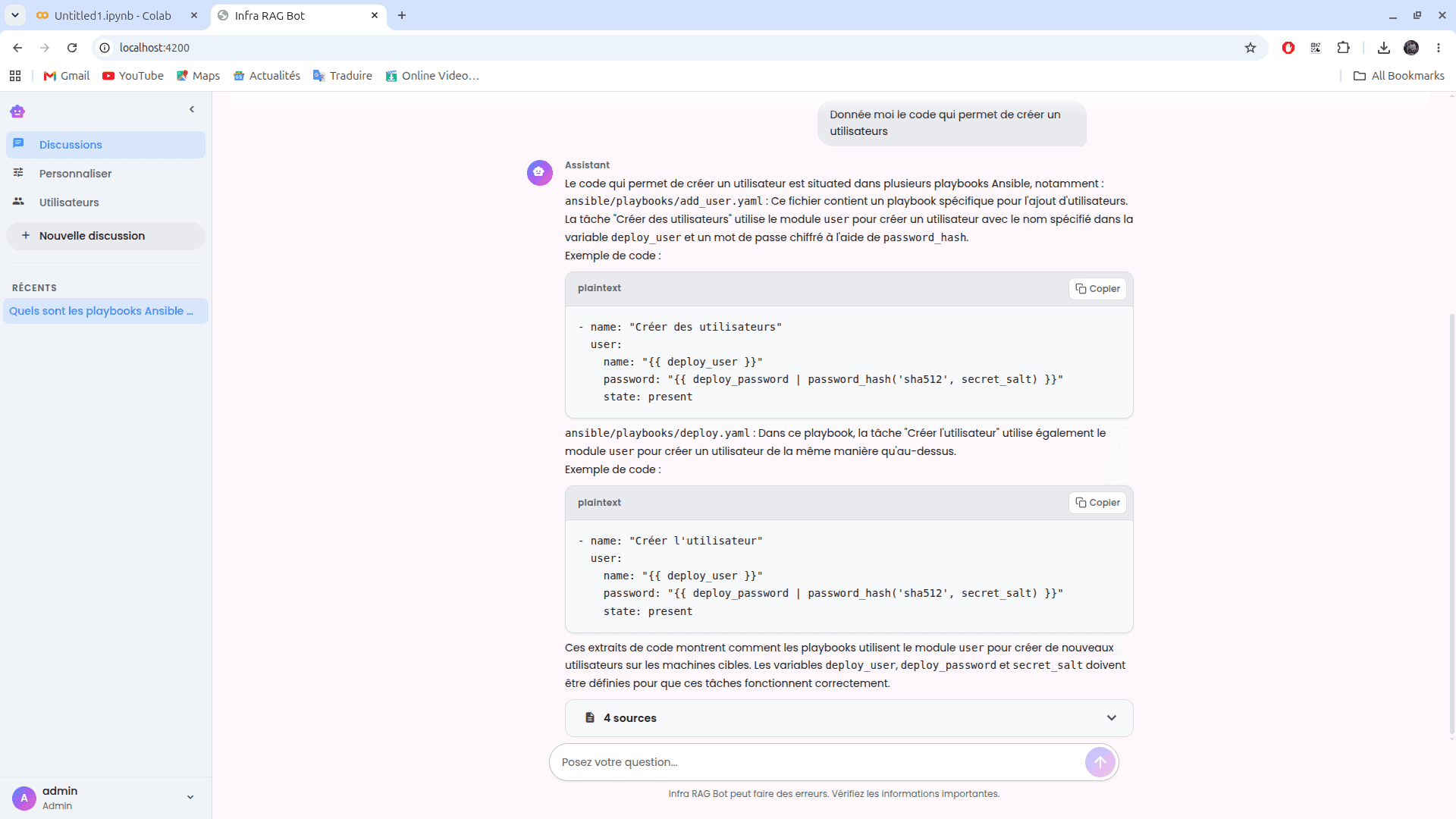 Interface de l'assistant RAG documentaire posant une question sur l'infrastructure et recevant une réponse contextuelle